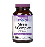 Bluebonnet Stress B Complex bottle front shows vegan capsules for daily energy and stress support.