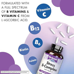 Bluebonnet label highlights B6, B12, biotin, folate and vitamin C benefits.