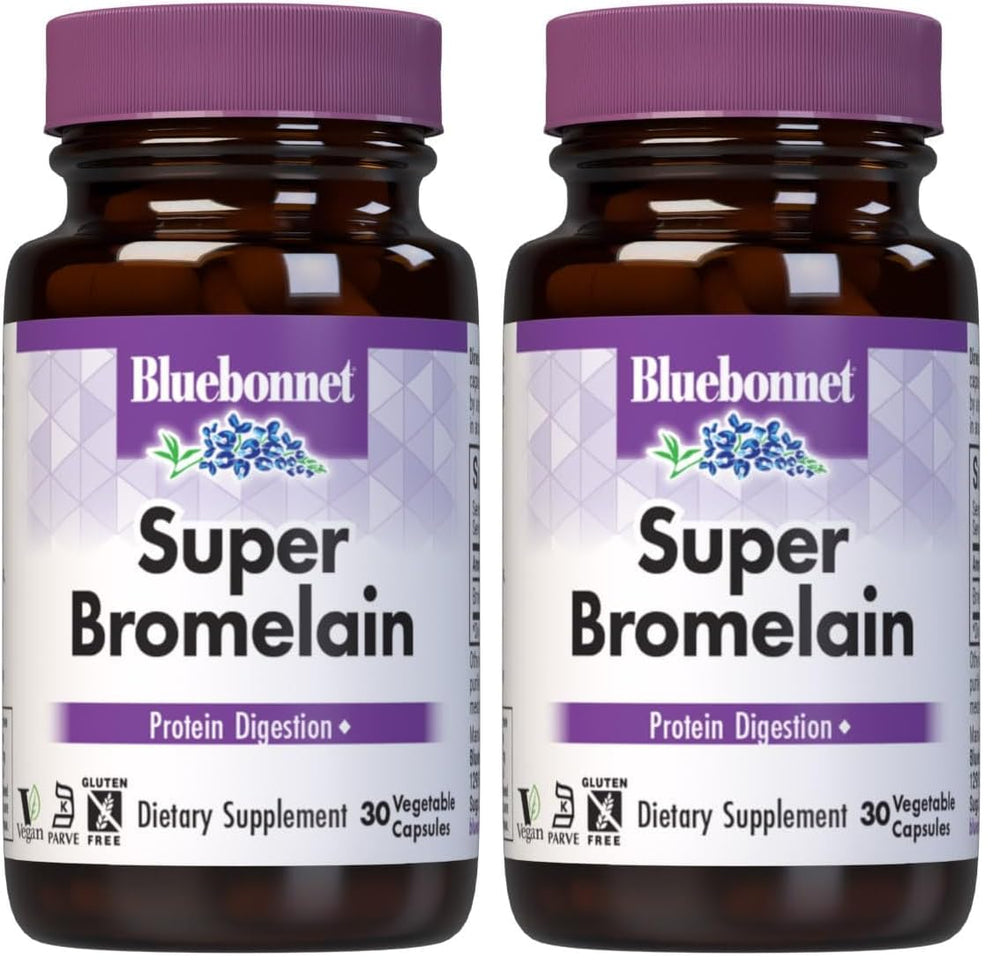 BlueBonnet Super Bromelain capsules in package, convenient 30-count per pack for daily support.