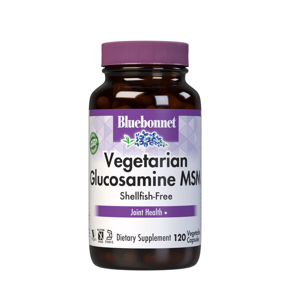 BlueBonnet Vegetarian Glucosamine with MSM bottle highlights shellfish-free joint support.