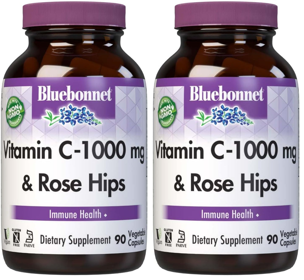 BlueBonnet Vitamin C-1000 mg with Rose Hips bottle emphasizes immune support and antioxidant protection.