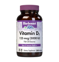 BlueBonnet Vitamin D3 5000 IU softgels bottle for convenient daily bone support.