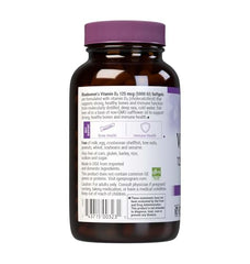 Close-up of BlueBonnet Vitamin D3 5000 IU softgels label showing cholecalciferol source for wellness.