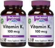 BlueBonnet Vitamin K1 100 mcg bottle front showing vegan, high-bioavailability K1 for bone health.