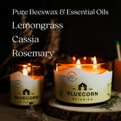 Bluecorn Beeswax lemongrass-cassia-rosemary aroma close-up.