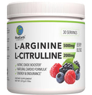BlueEarth Company L-Arginine berry powder bottle supports daily energy.