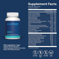 Blueprint Bryan Johnson Essential Capsules bottle back shows ingredients list for core nutrient support