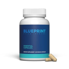 Blueprint Bryan Johnson Essential Capsules bottle front, vegan daily multivitamin for balanced wellness