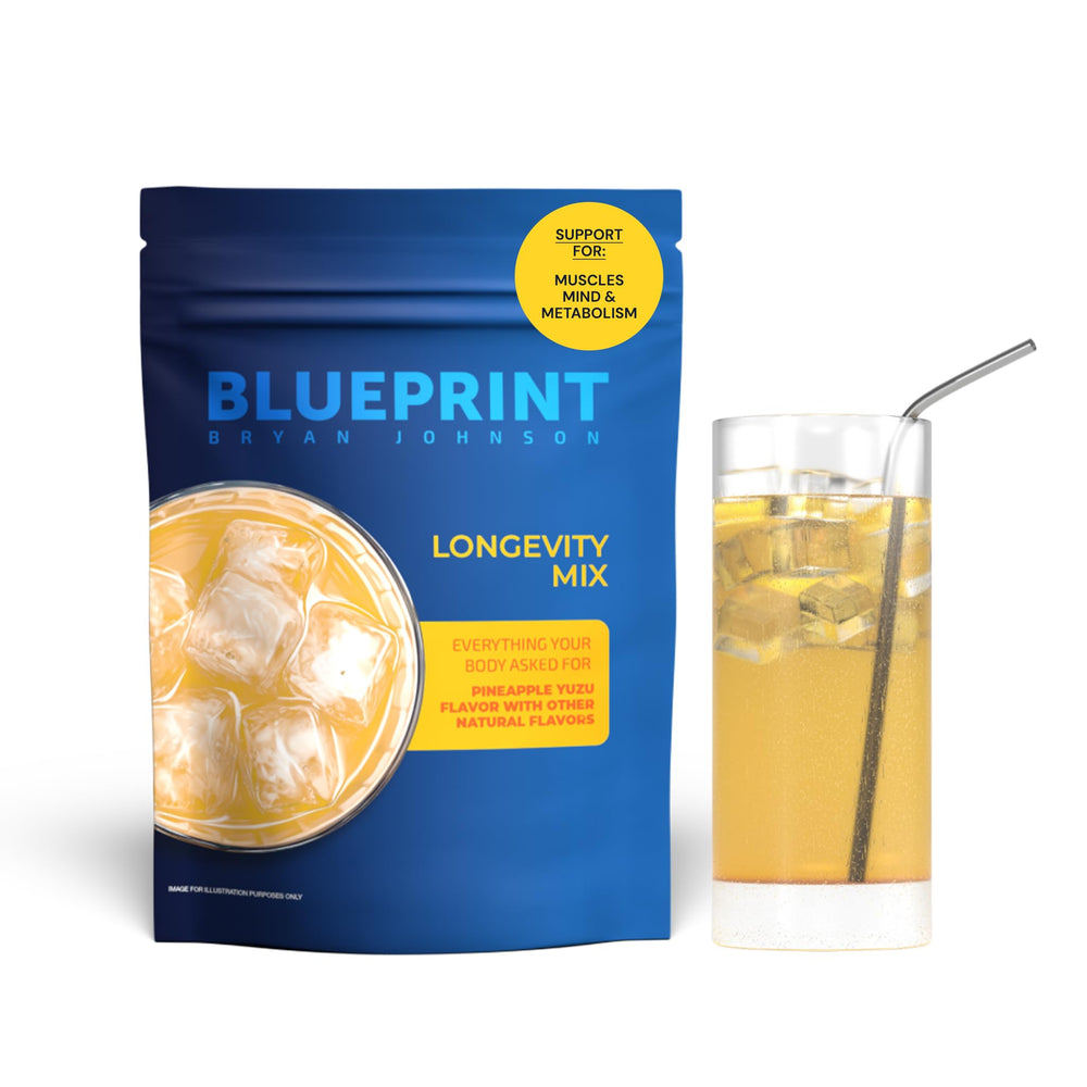 Blueprint Bryan Johnson Longevity Mix bottle pour promotes focus and recovery