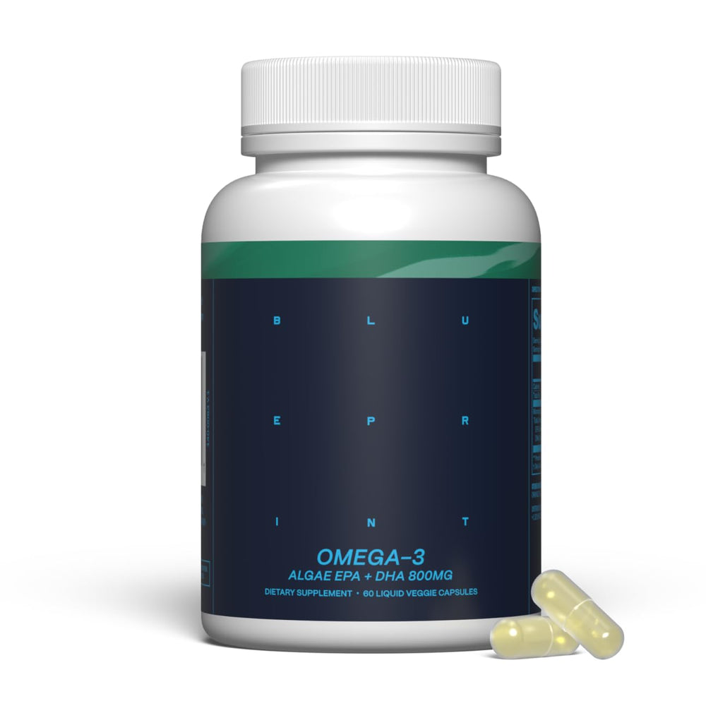 Blueprint Bryan Johnson Omega-3 bottle close-up highlighting algae-based EPA/DHA for brain support.