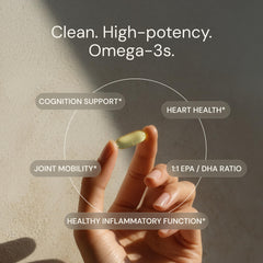 Blueprint Bryan Johnson Omega-3 capsule close-up showing triglyceride form for better absorption.