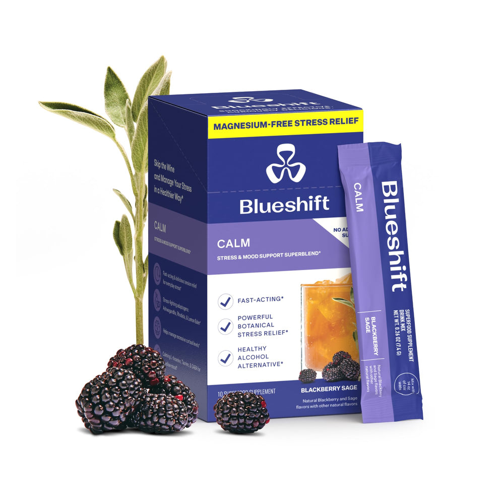 Blueshift Stress Relief Blackberry Sage stick pack ready to mix for calming moments.
