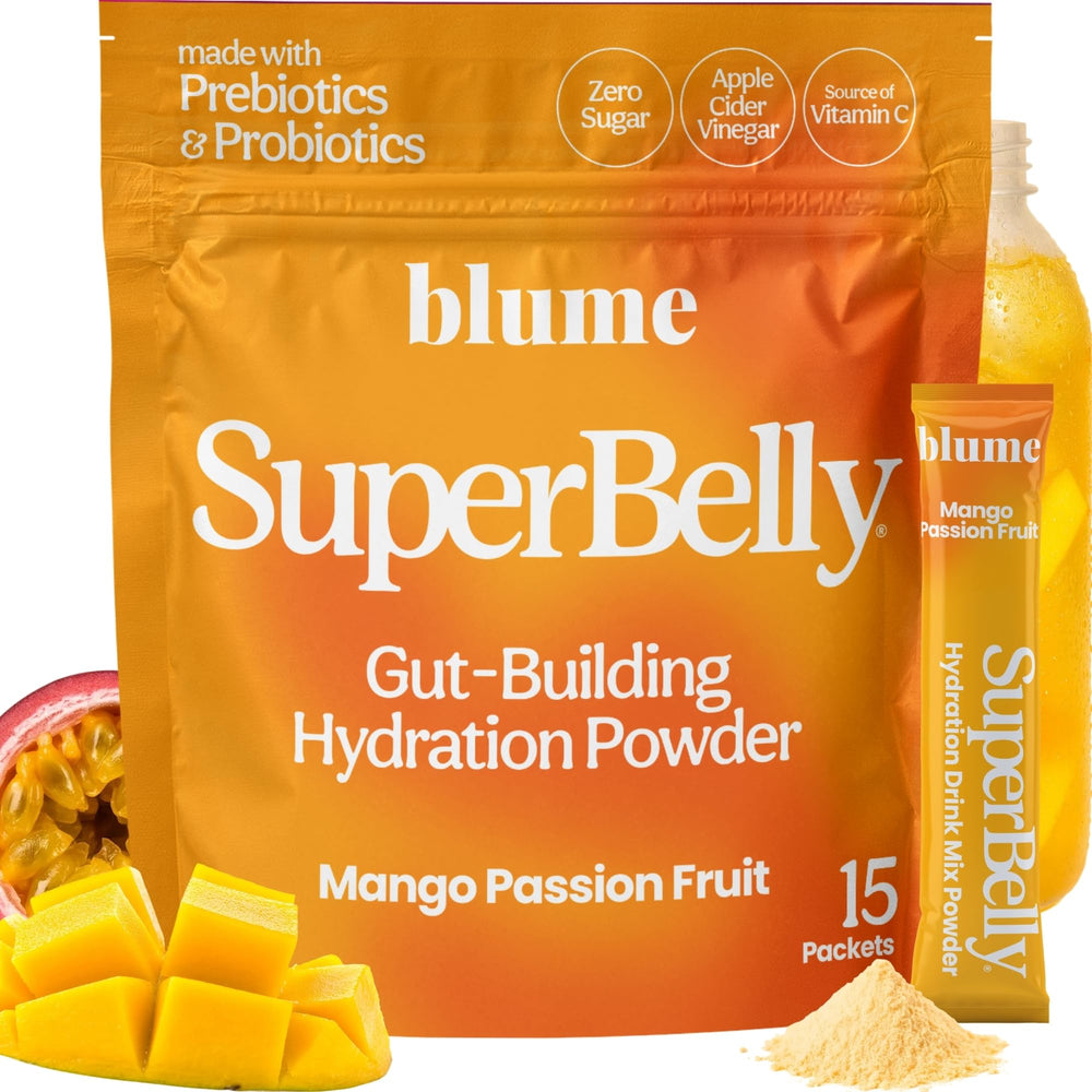 Blume SuperBelly mango-passion-fruit-stick dissolving in water for quick hydration