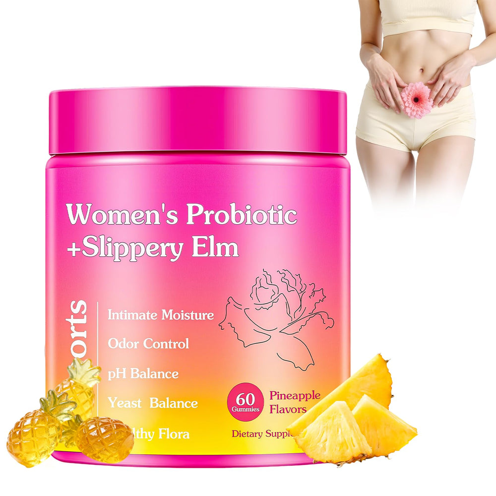 Blumskin Her Juicy feminine probiotics bottle showing pineapple-flavored gummies that may support balance.