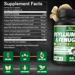 BMVINVOL Psyllium husk bottle shows easy-to-swallow capsules for routine use.