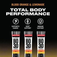 BO3.0 blood orange packet in water glass demonstrates zero sugar hydration.