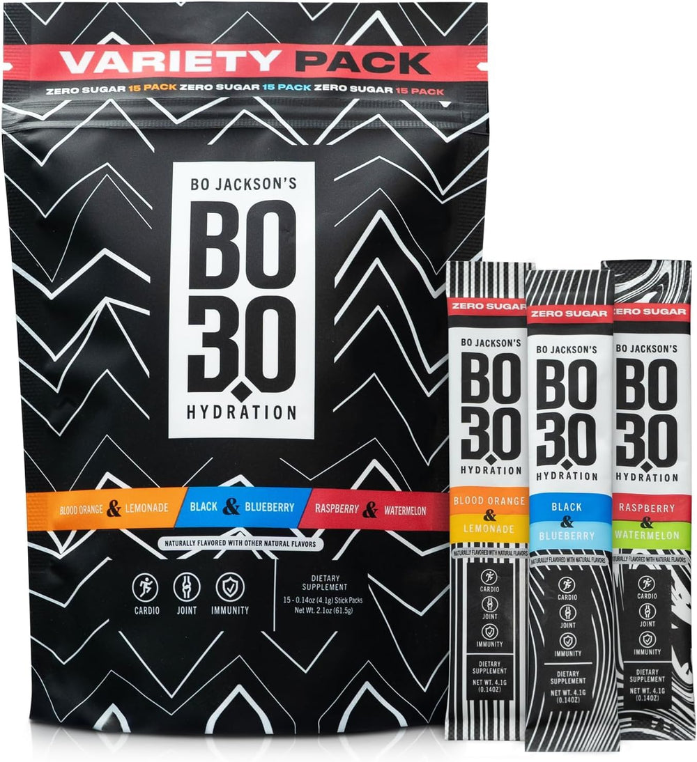 BO3.0 sugar-free electrolyte packets variety pack front view for clean hydration.