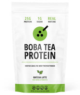 Boba Tea Protein Matcha Latte bottle label highlights grass-fed whey for lean recovery.