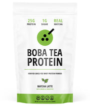 Boba Tea Protein Matcha Latte bottle label highlights grass-fed whey for lean recovery.