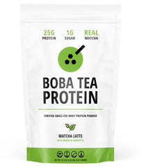 Boba Tea Protein Matcha Latte bottle label highlights grass-fed whey for lean recovery.