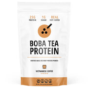 Boba Tea Protein Vietnamese Coffee tub showing 25g grass-fed whey per serving