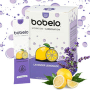 Bobelo self-carbonating hydration packets melt in lavender lemonade glass for a refreshing electrolyte boost.