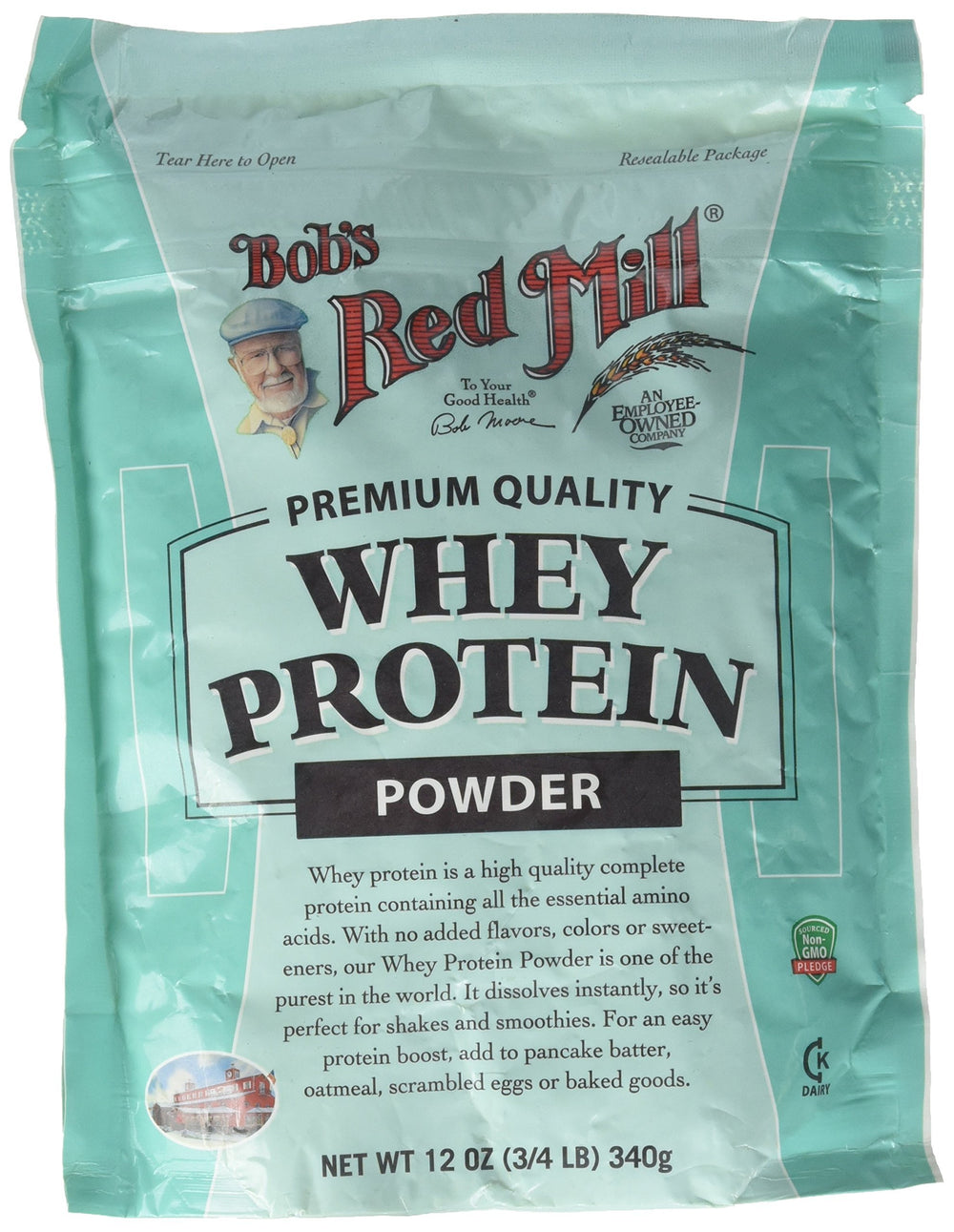 Bob's Red Mill whey protein concentrate bottle for quick shakes
