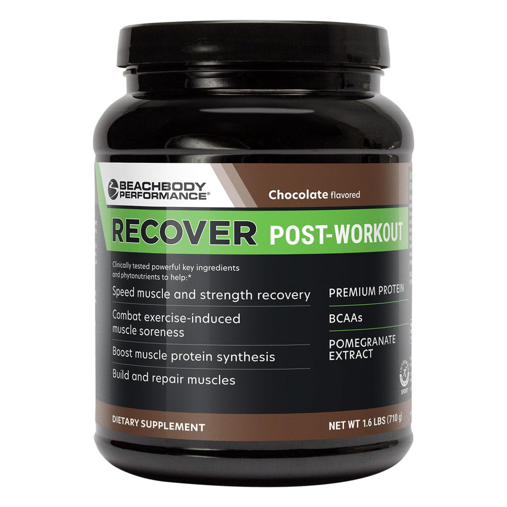 BODi Recover whey chocolate powder tub for post-workout recovery