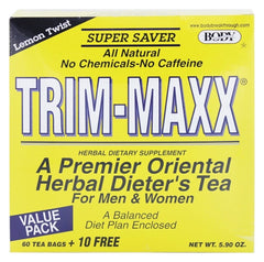 Body Brkthrough Trim-Maxx Lemon Twist tea bags offer caffeine-free refreshment.