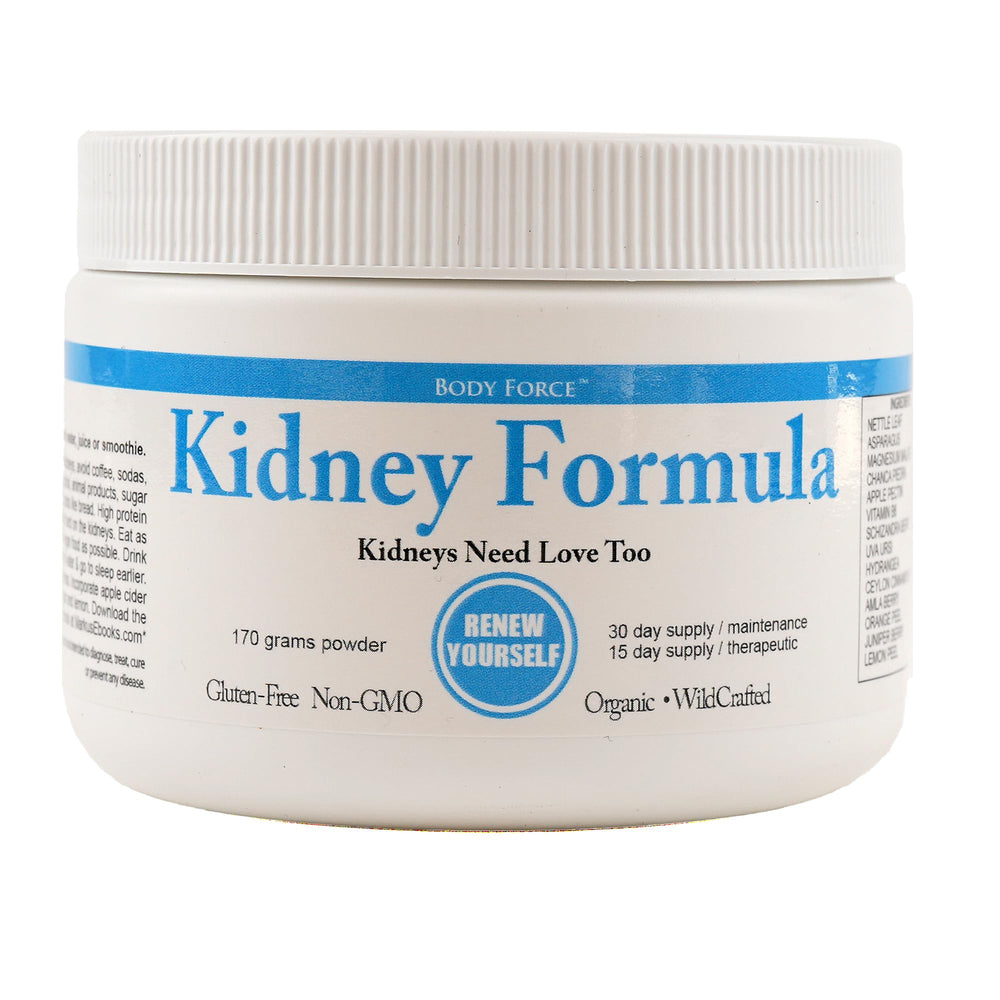 Body Force Kidney Formula powder tub front highlighting herbal blend for kidney support and vitality.