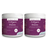 Body Kitchen collagen elastin powder tub showing skin elasticity potential in a tasteless formula