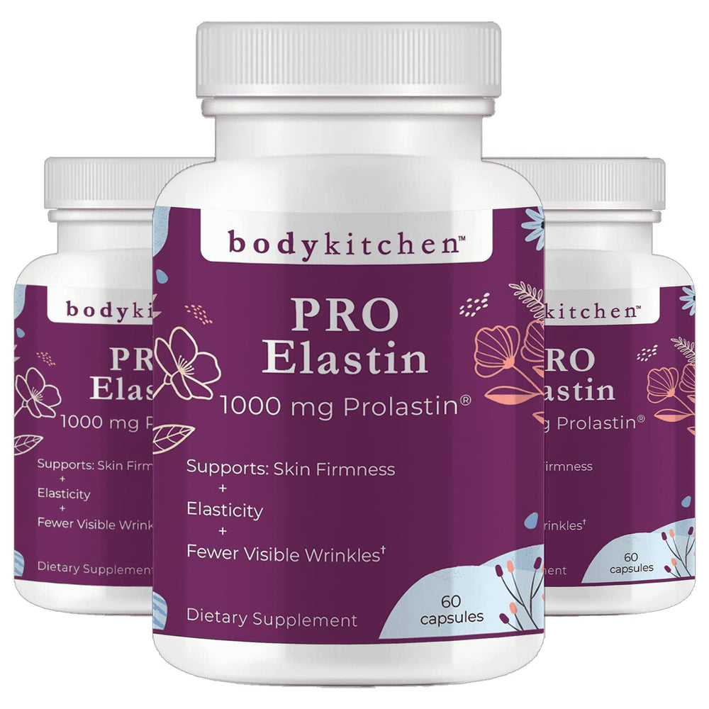 Body Kitchen Pro-Elastin bottle shows the 1000 mg capsule formula for skin support