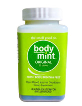 Body Mint bottle front showing day and night odor control.