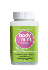Body Mint Woman chlorophyll tablets pack shown for odor control and all-day freshness.