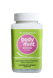 Body Mint Woman chlorophyll tablets pack shown for odor control and all-day freshness.