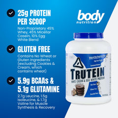 Body Nutrition Trutein scoop beside glass showing rich texture ready to blend.