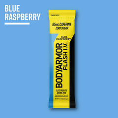 BODYARMOR Flash I.V. Blue Raspberry drink mix highlighting electrolytes and flavor.