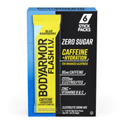 BODYARMOR Flash I.V. Blue Raspberry stick being poured into water for hydration on the go.