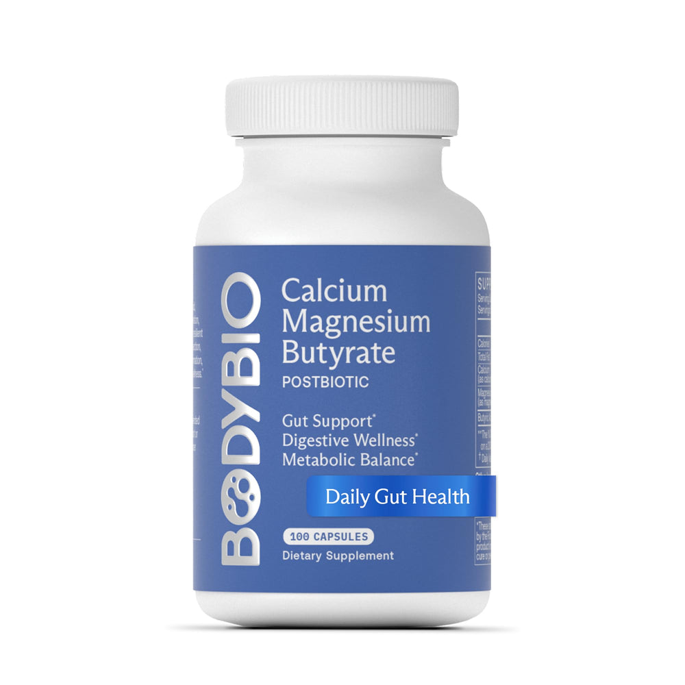BodyBio Butyrate bottle front highlighting a postbiotic for gut health support.