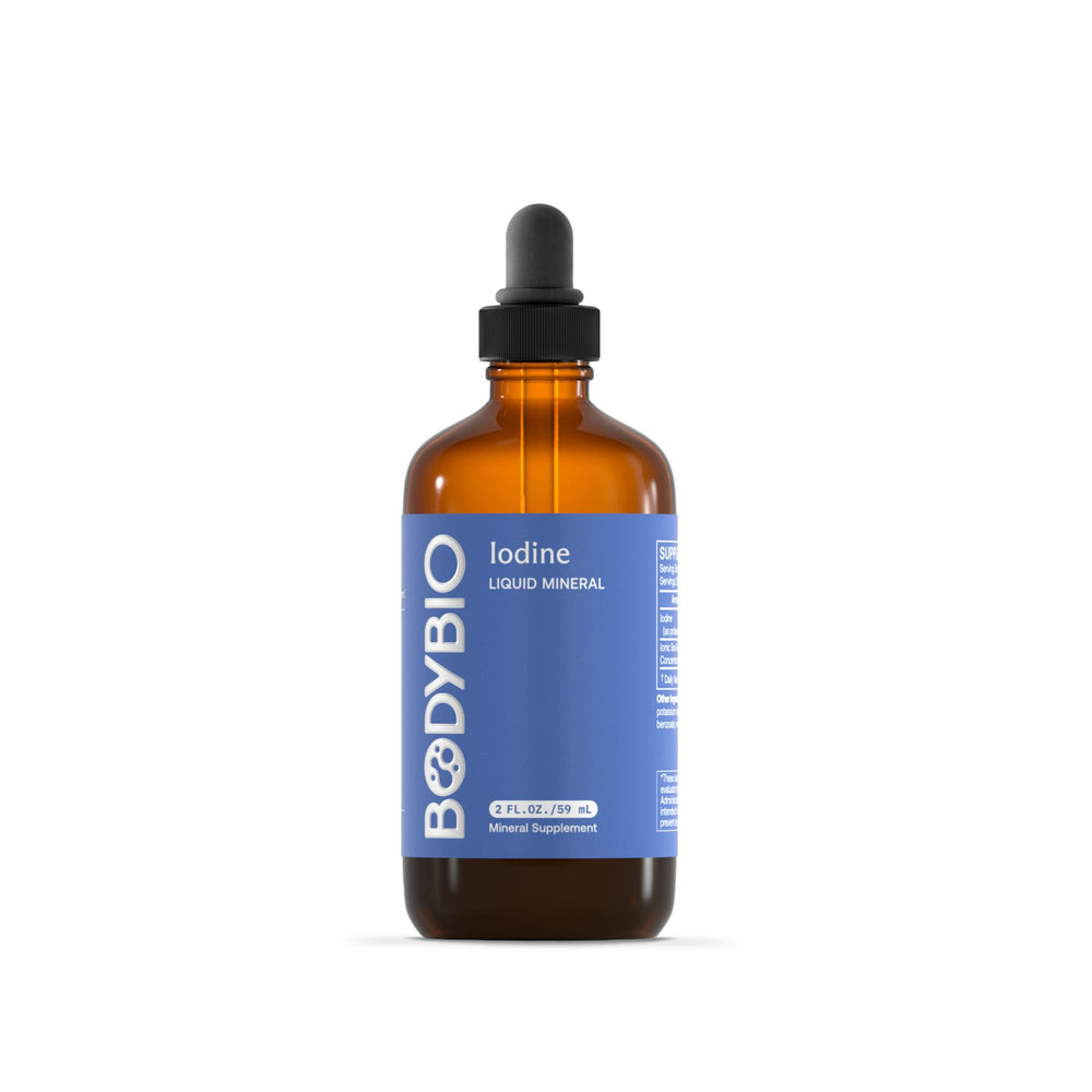 BodyBio liquid iodine bottle label signals pure mineral supplement for thyroid support.