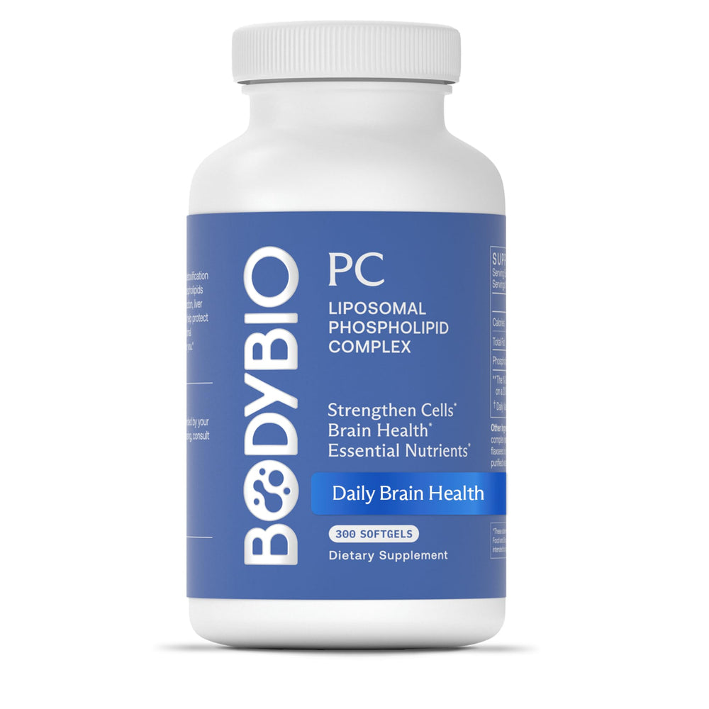BodyBio PC bottle cap closeup highlighting phosphatidylcholine support for daily cognitive wellness.