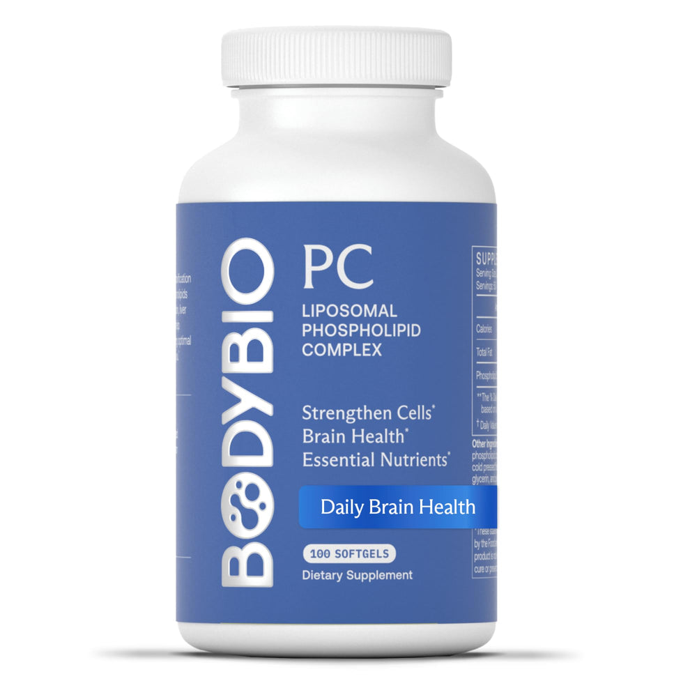 BodyBio PC bottle with phosphatidylcholine for cognitive support and cellular health.