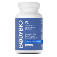 BodyBio PC bottle highlighting brain health for sharper focus.