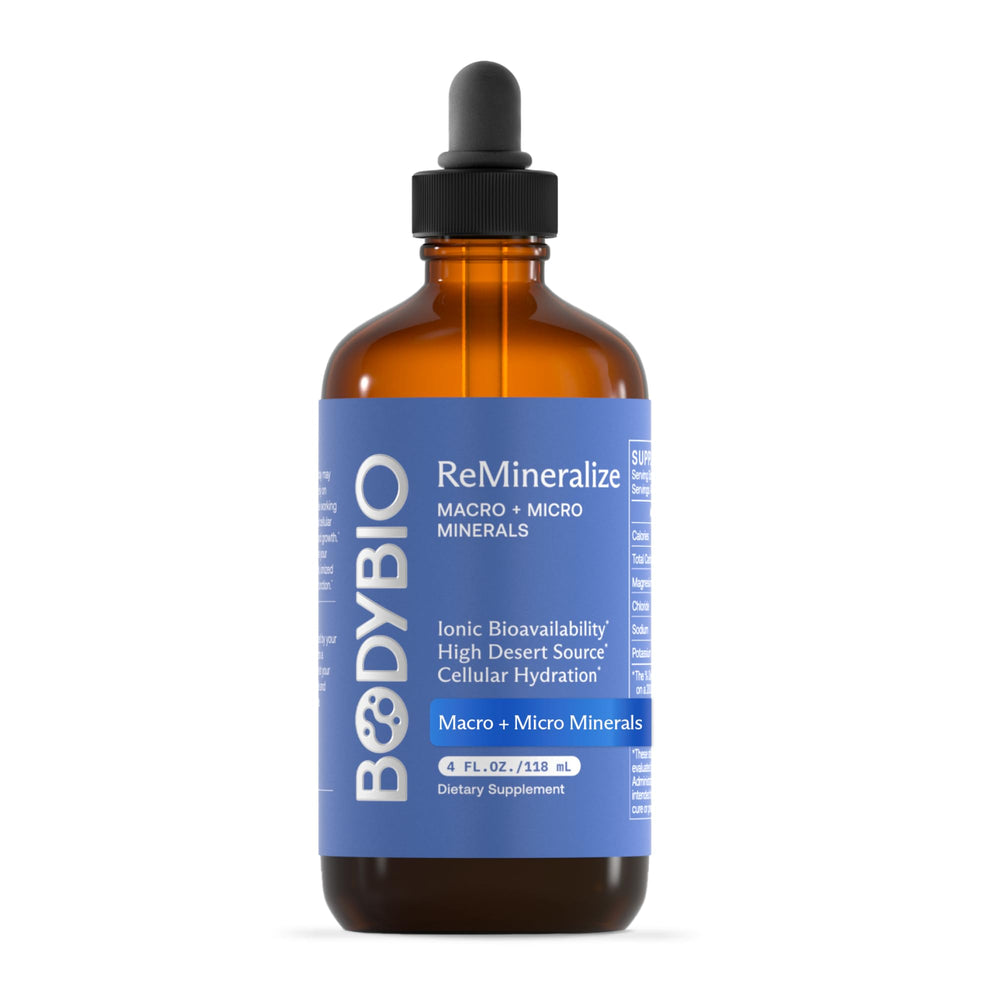 BodyBio ReMineralize bottle label shows minerals for hydration.