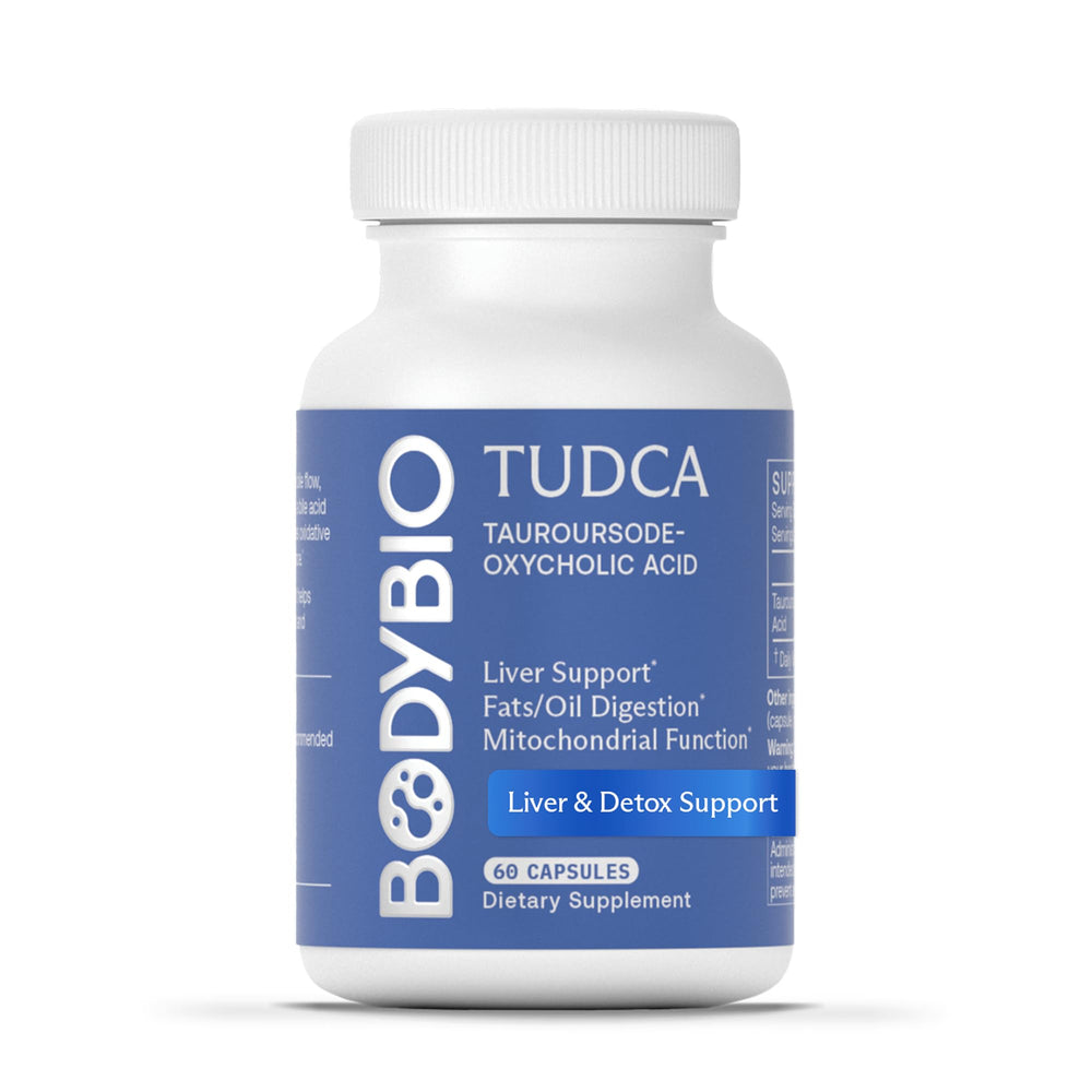 BodyBio TUDCA bottle front view suggesting bile flow and digestion support