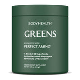 BodyHealth Greens Enhanced with PerfectAmino bottle pour showing daily nutrition boost
