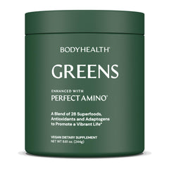 BodyHealth Greens Enhanced with PerfectAmino bottle pour showing daily nutrition boost
