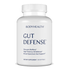 BodyHealth Gut Defense bottle closeup highlighting gut support and label