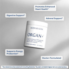 BodyHealth Organ Plus label highlighting grass-fed sourcing from New Zealand and Argentina.