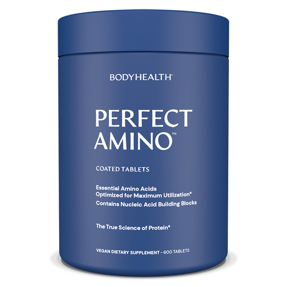 BodyHealth PerfectAmino 600ct bottle packaging highlights vegan, easy-to-swallow tablets.